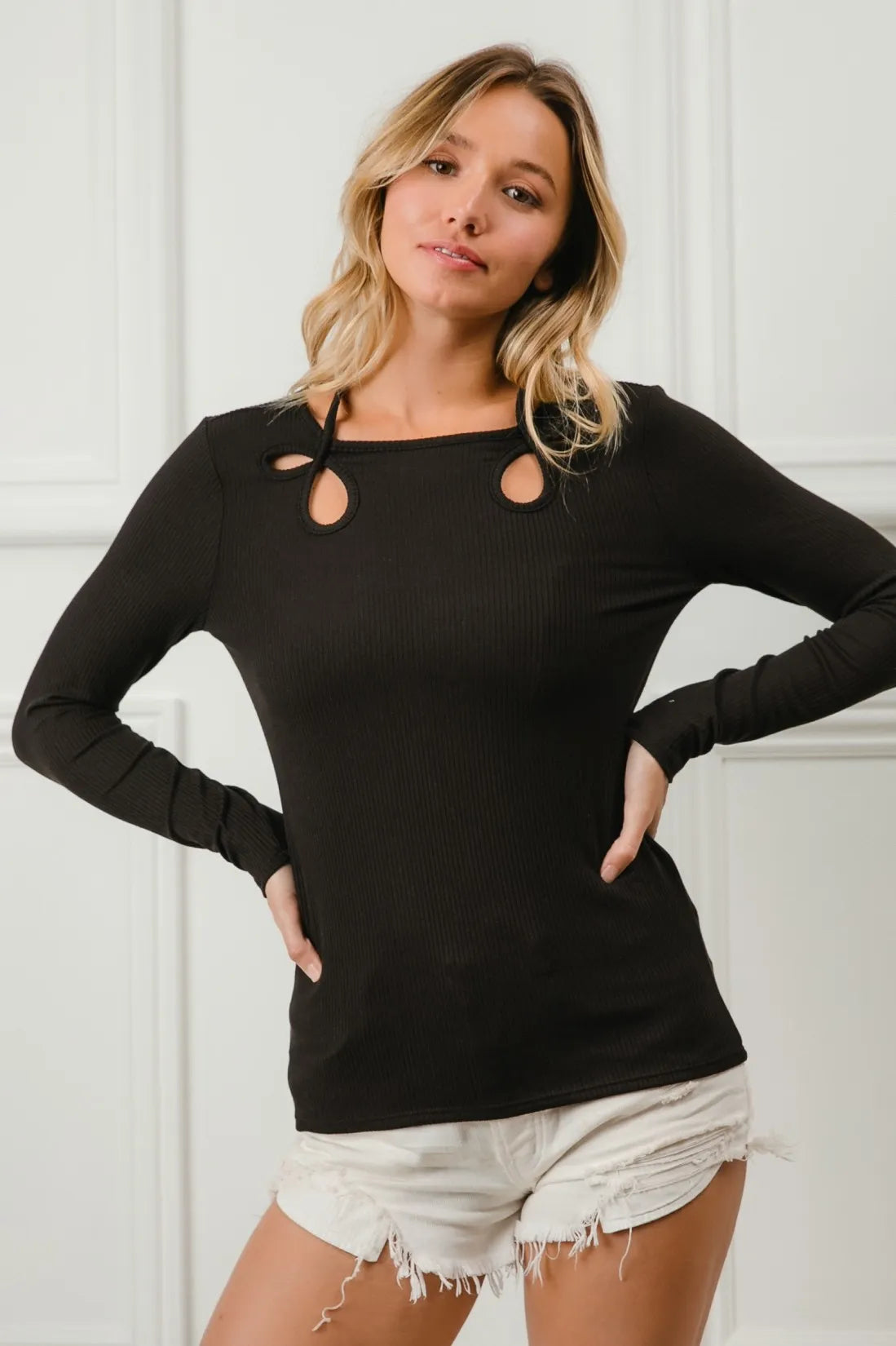 BiBi Rib Knit With Cut Out and Tied Neck Detailed Top BLACK