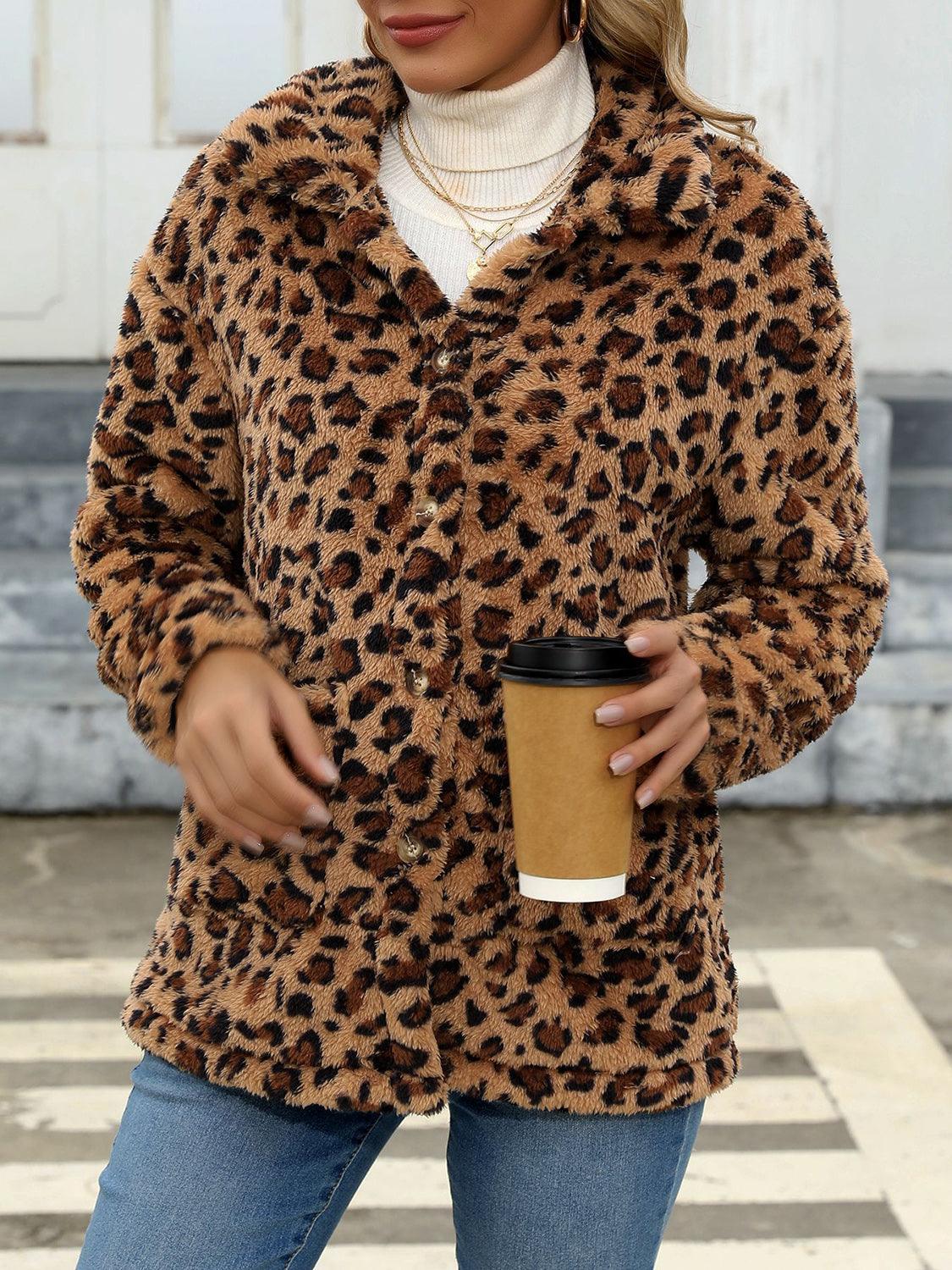 Button Up Drop Shoulder Fuzzy Jacket Leopard