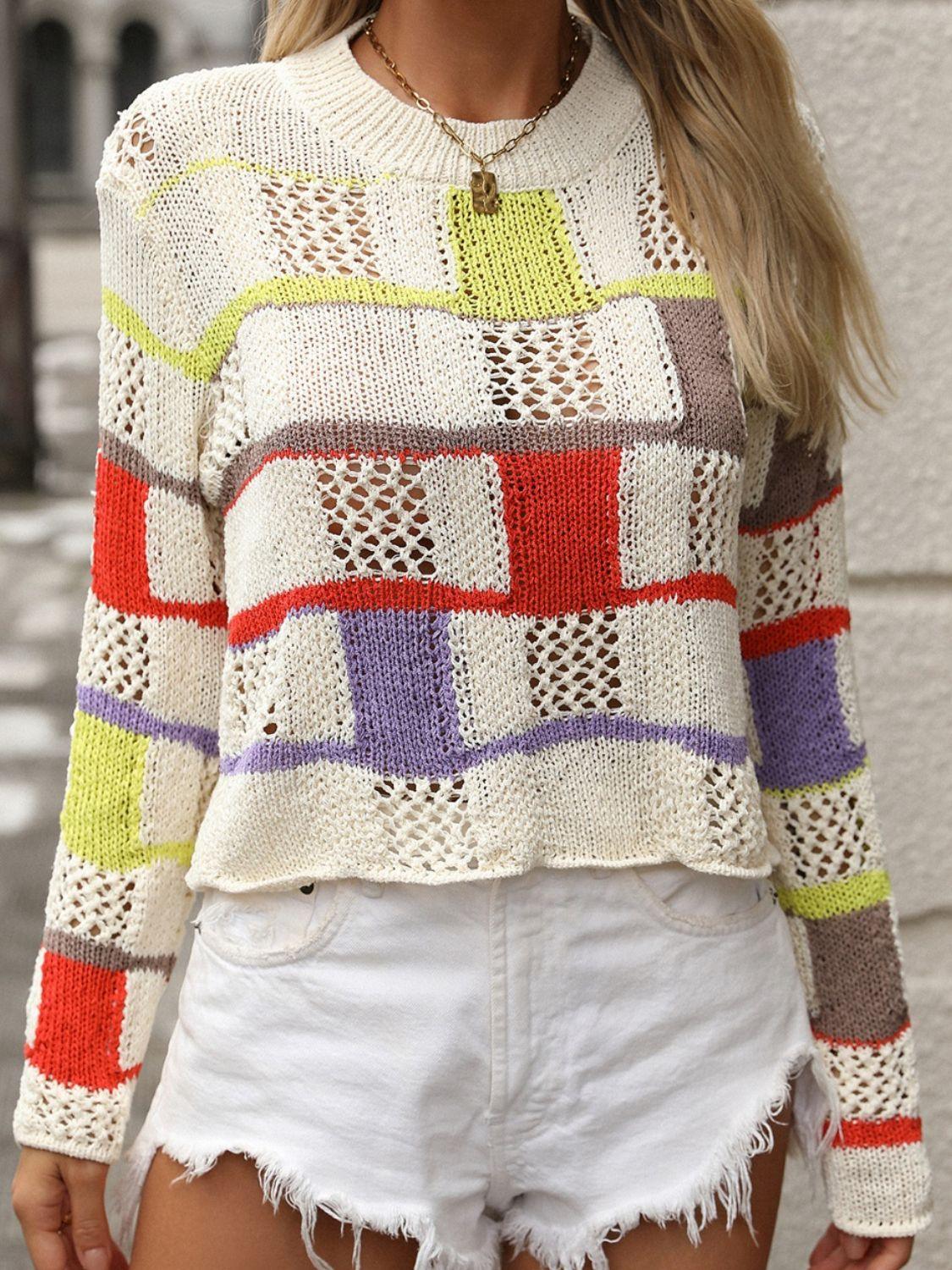 Openwork Color Block Round Neck Sweater Apricot