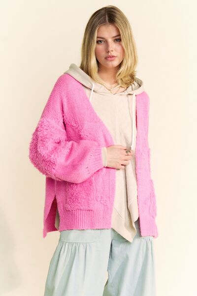 Davi & Dani Side Slit Open Front Long Sleeve Cardigan Pink