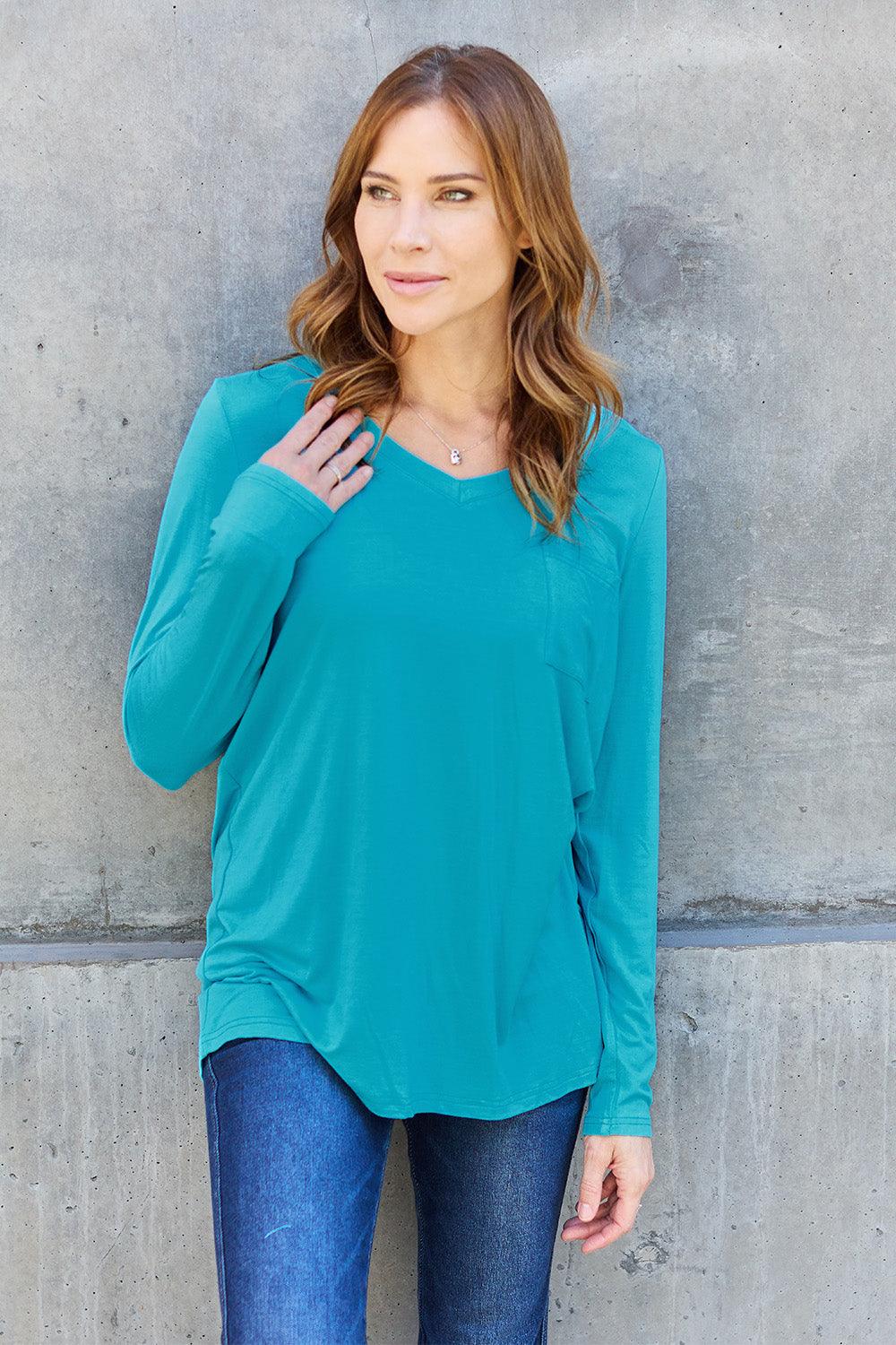 Basic Bae Full Size V-Neck Long Sleeve Top Cerulean