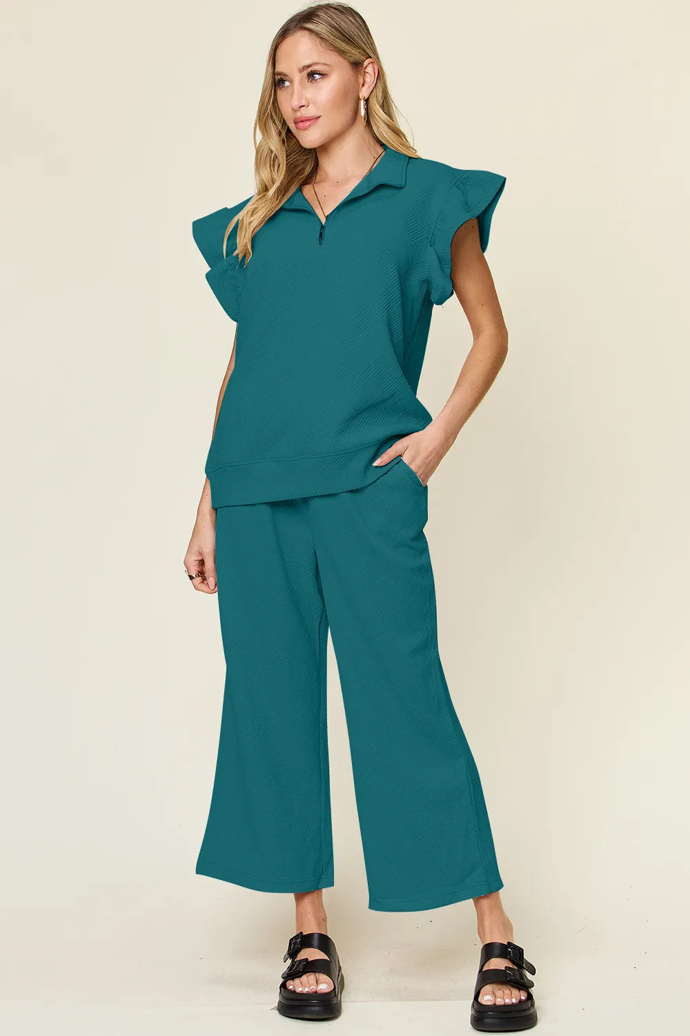 Double Take Texture Ruffle Short Sleeve Top and Drawstring Wide Leg Pants Set Deep Teal