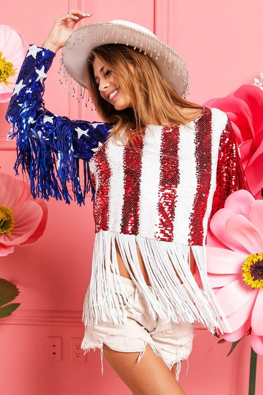 BiBi American Flag Theme Fringe Detailed Sequins Crop Top