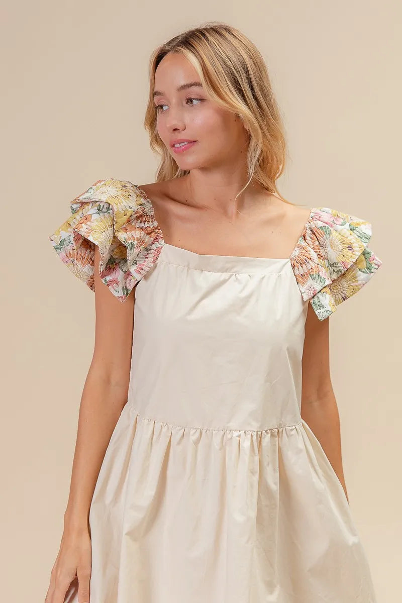 BiBi Flower Embroidered Floral Print Sleeve Dress