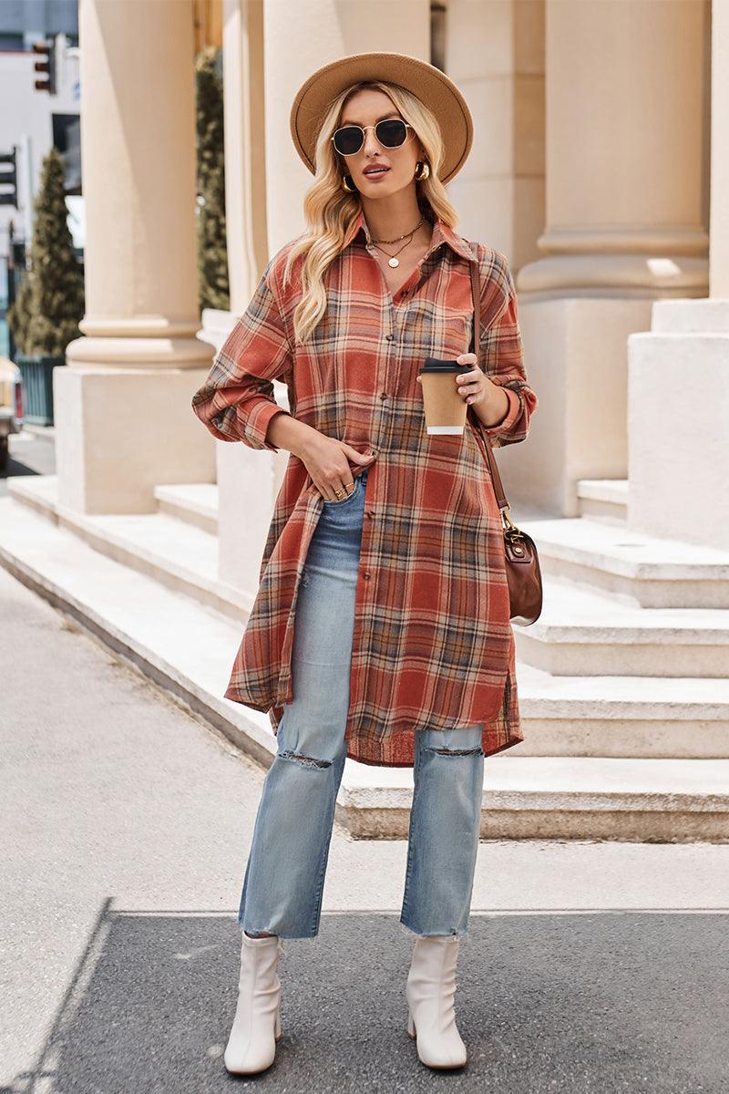 Mandy Plaid Collared Neck Long Sleeve Coat Rust