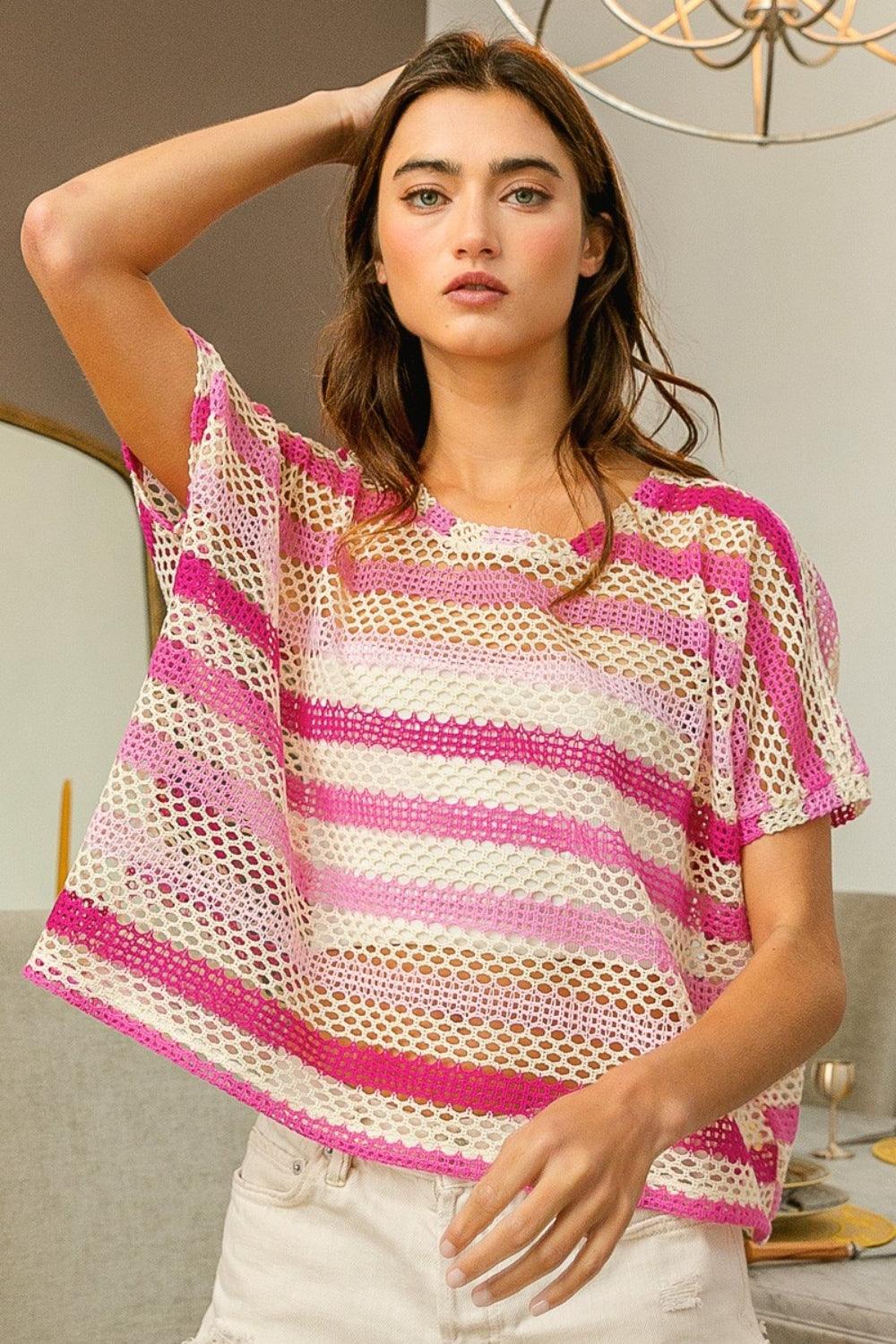 BiBi Striped Openwork Short Sleeve Knit Cover Up Fuchsia Combo
