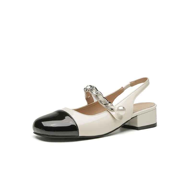 Contrast Round Toe Block Heel Mary Jane Shoes Beige