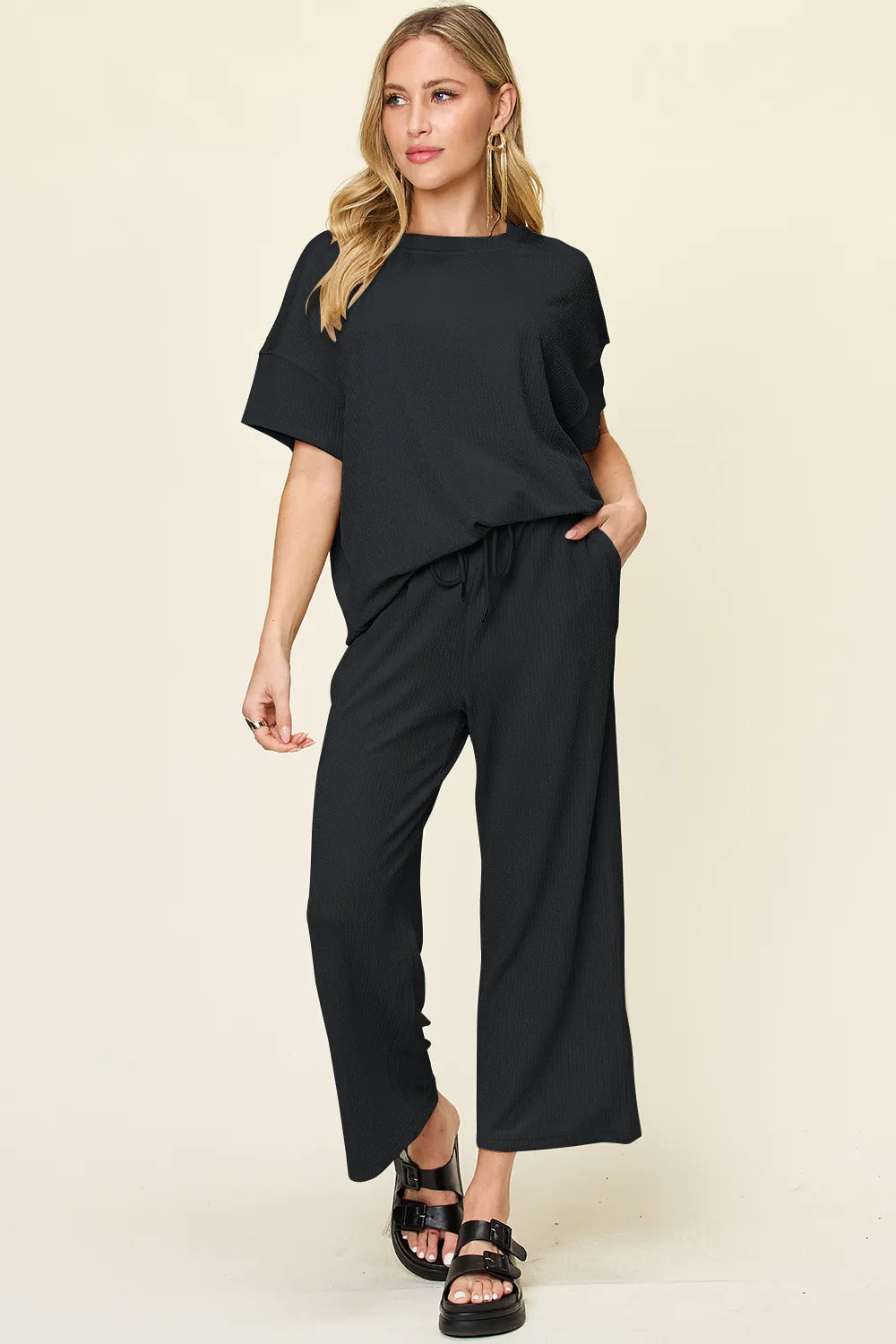 Double Take Full Size Texture Round Neck Short Sleeve T-Shirt and Wide Leg Pants Black