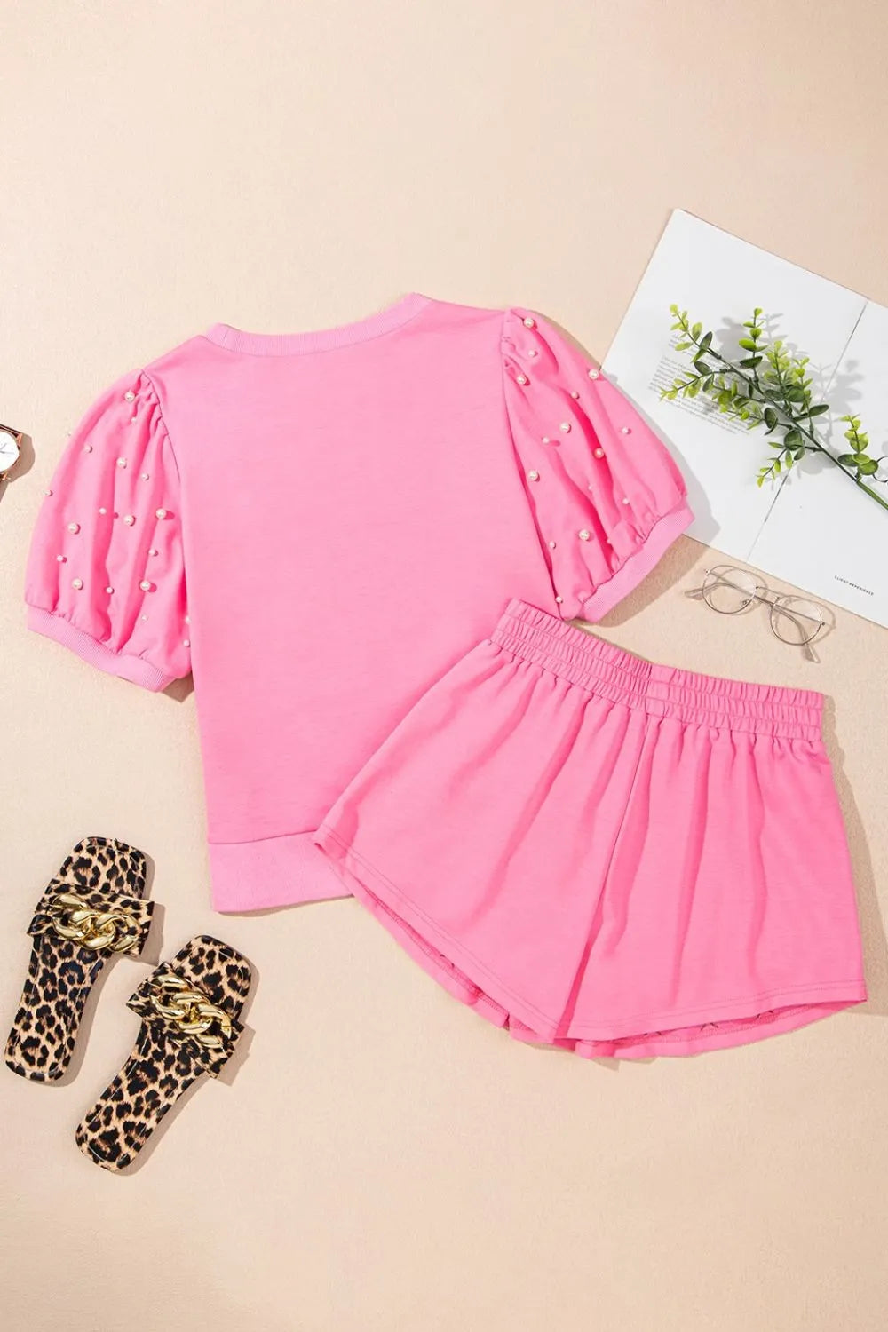 Contrast Bow Trim Pearl Puff Sleeve Blouse and Skort 2pcs Set
