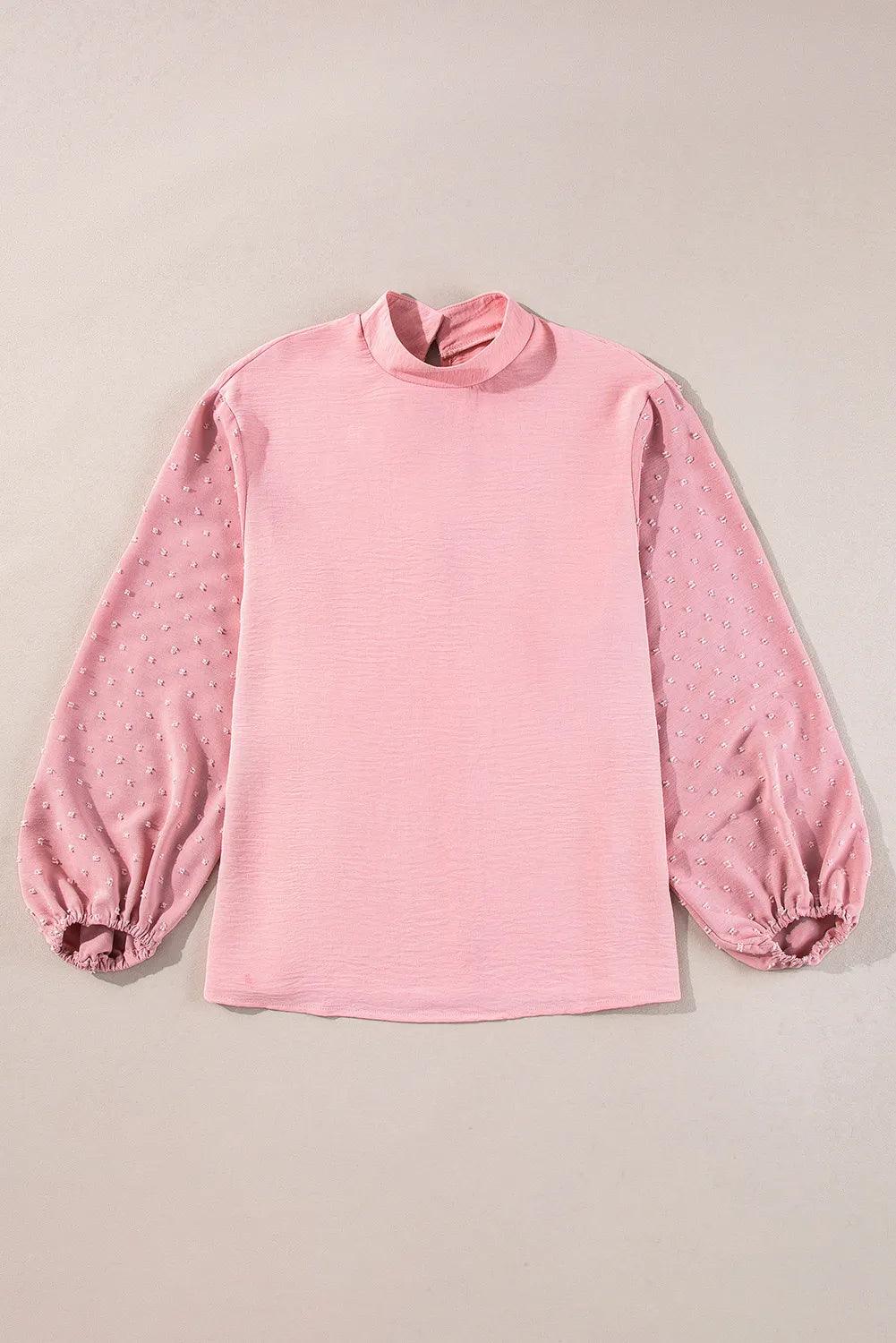 Swiss Dot Mock Neck Balloon Sleeve Blouse Blush Pink