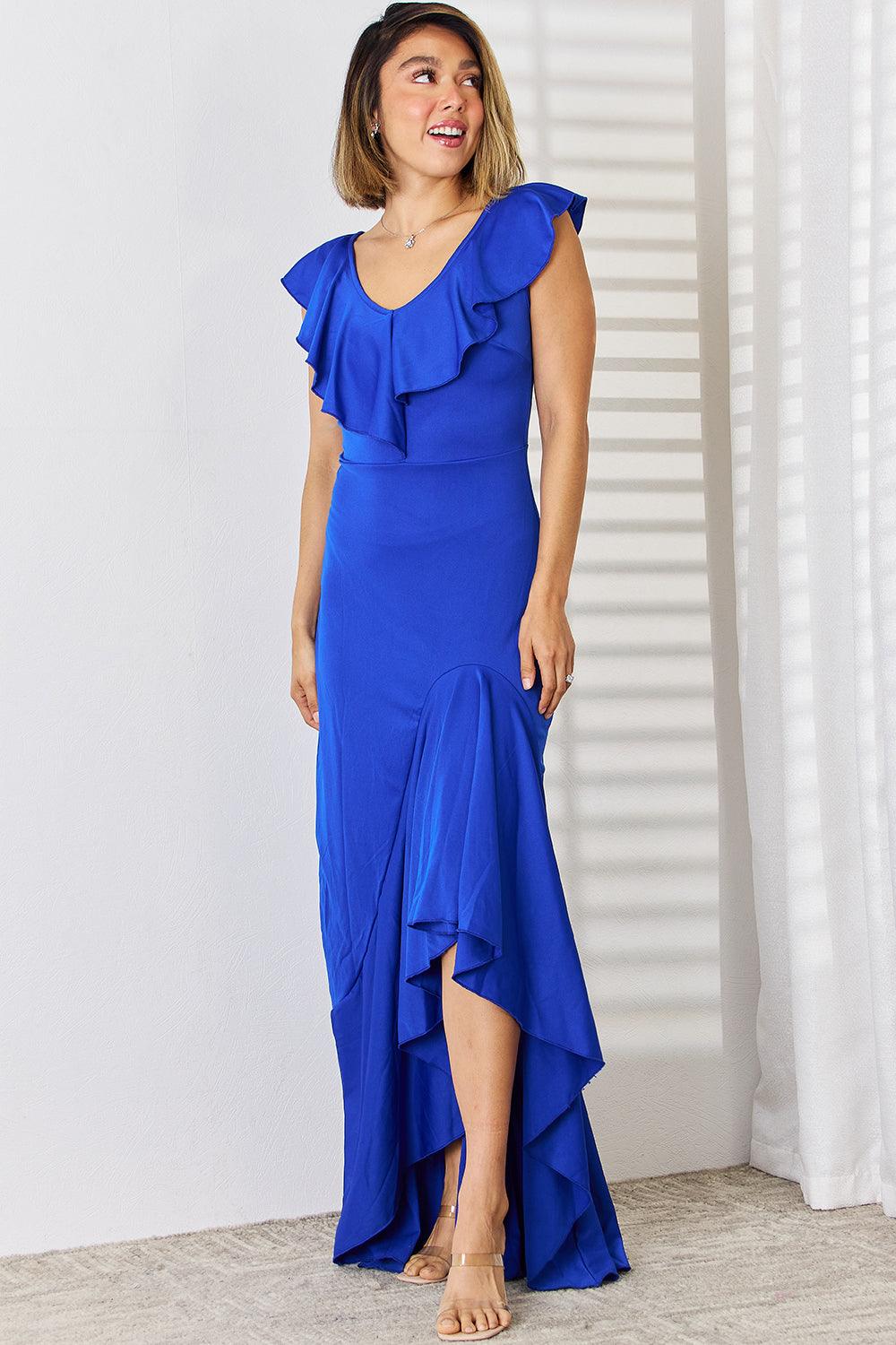 Ruffled V-Neck High-Low Dress Dark Blue