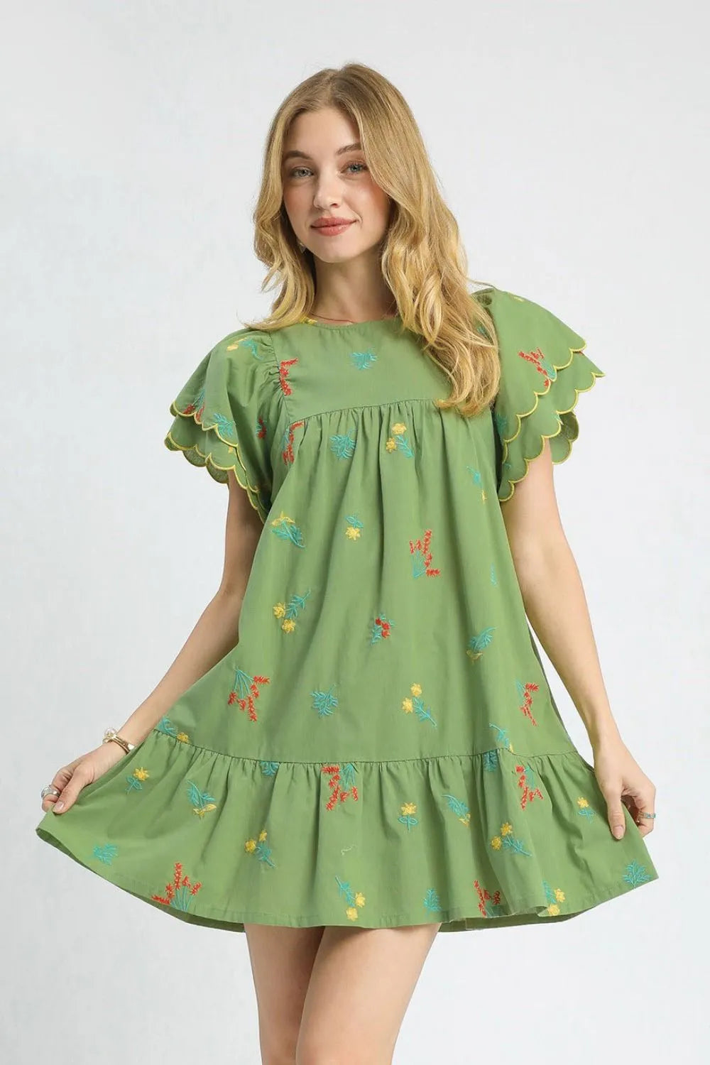 Umgee Floral Embroidered Short Sleeve Mini Dress Matcha Green