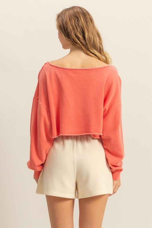 HYFVE Frayed Detail Boat Neck Long Sleeve Crop Top