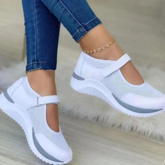 Velcro Strap Round-Toe Wedge Sneakers White