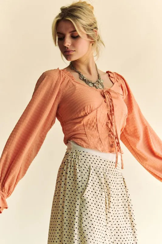 Davi & Dani Strap Front Corset Look Long Puff Sleeve Blouse