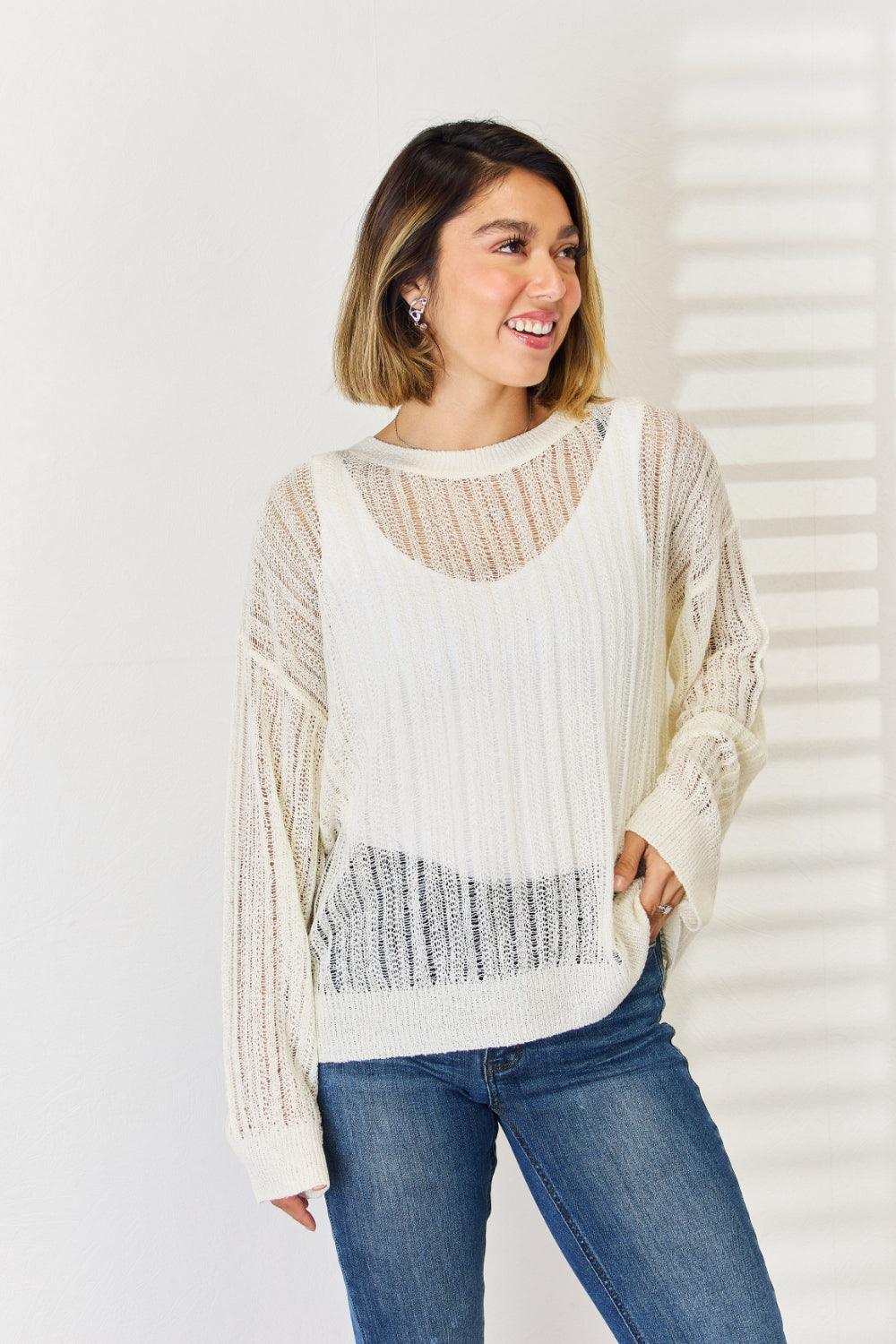 HYFVE Openwork Ribbed Trim Long Sleeve Knit Top WHIP CREAM