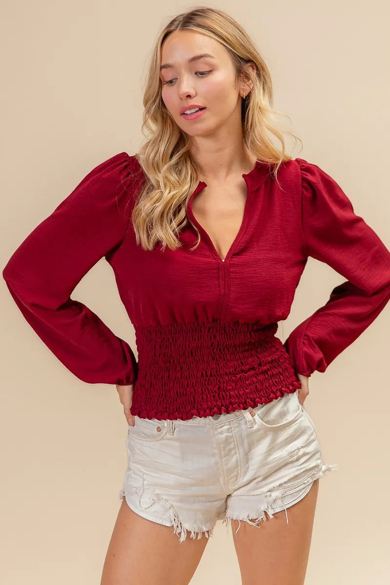 BiBi Smoking Waist Band and Puff Sleeves Deep V Neck Top