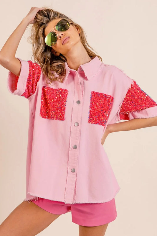 BiBi Sequin Detail Raw Hem Short Sleeve Shirt Pink Fuchsia