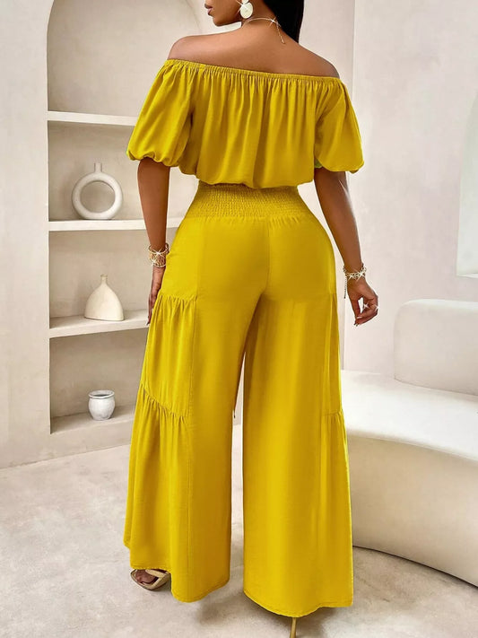 Elegant Off-Shoulder Crop Top and Ruched Wide Leg Pants Set
