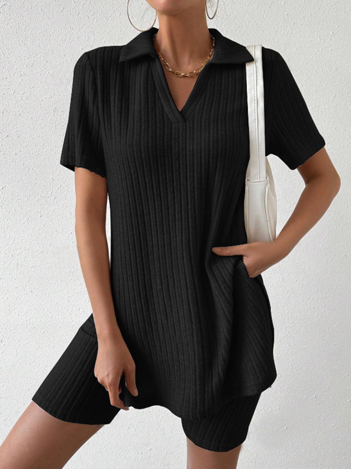 Johnny Collar Short Sleeve Top and Shorts Set Black
