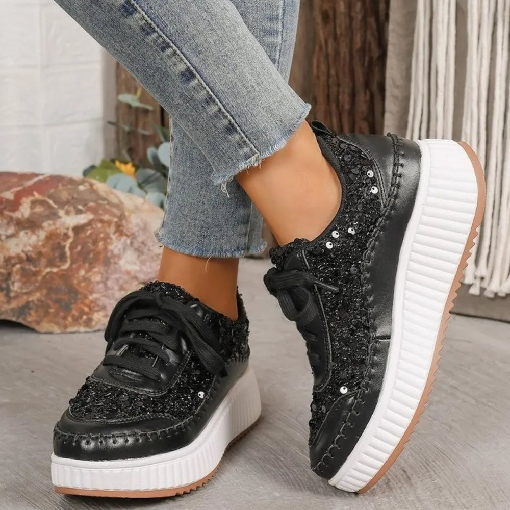 Sequin Round Toe Platform Lace Up Sneakers Black