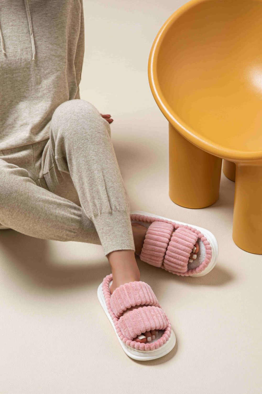 Open Toe Fluff Platform Slippers Dusty Pink