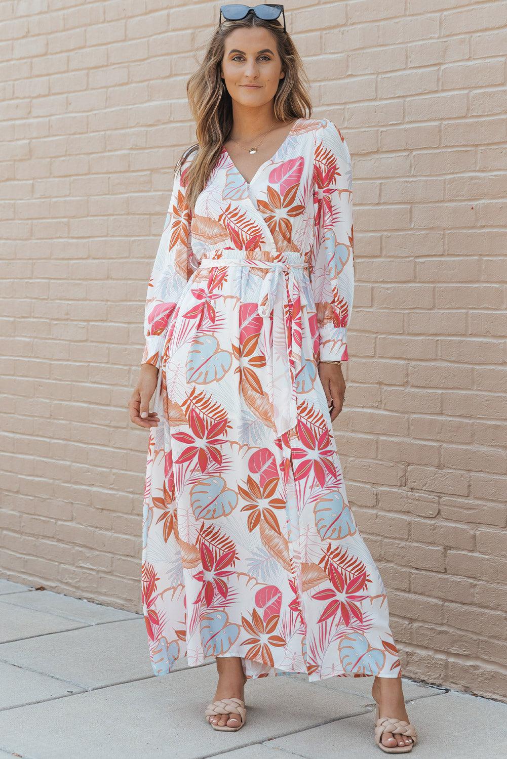 Printed Tie Waist Maxi Dress White