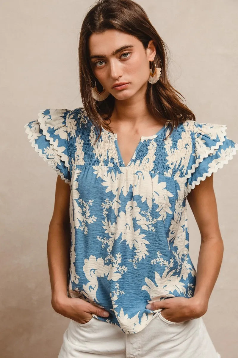 BiBi Floral Prints Wave Trim Smocking Details Short Sleeve Blouse