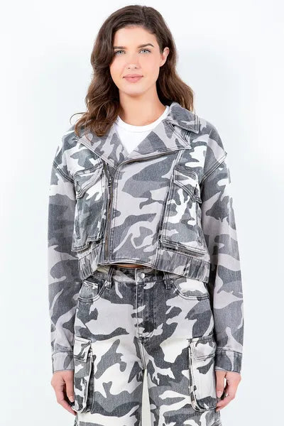 American Bazi Full Size Camouflage Zip Up Cropped Rider Jacket Plus Size Gray Camouflage