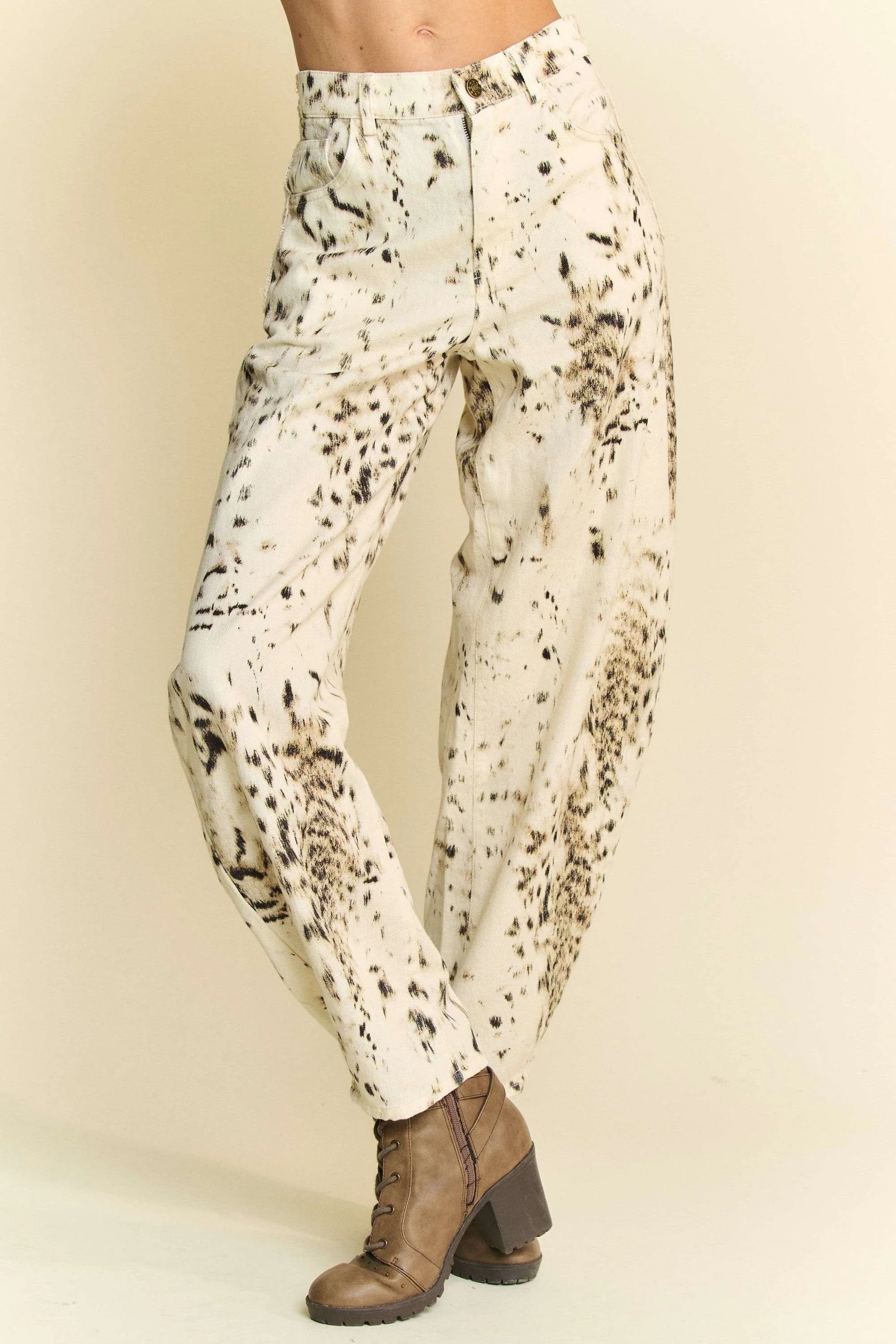 Davi & Dani Abstract Tie Dye Dot Lace Detail Barrel Pants CREAM