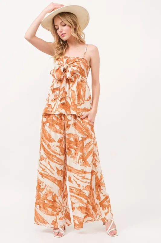 And The Why Smocked Tied Babydoll Abstract Print Top HAZELNUT