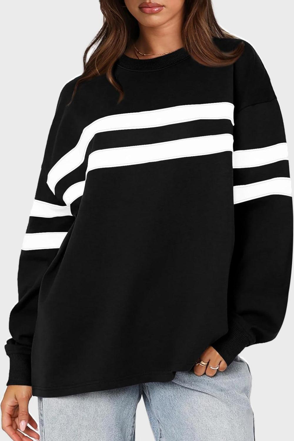 Lovelet Striped Round Neck Dropped Shoulder Sweatshirt Black