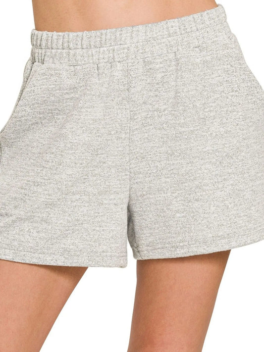 Zenana Soft Melange Hacci Elastic Waist Band Shorts H GREY