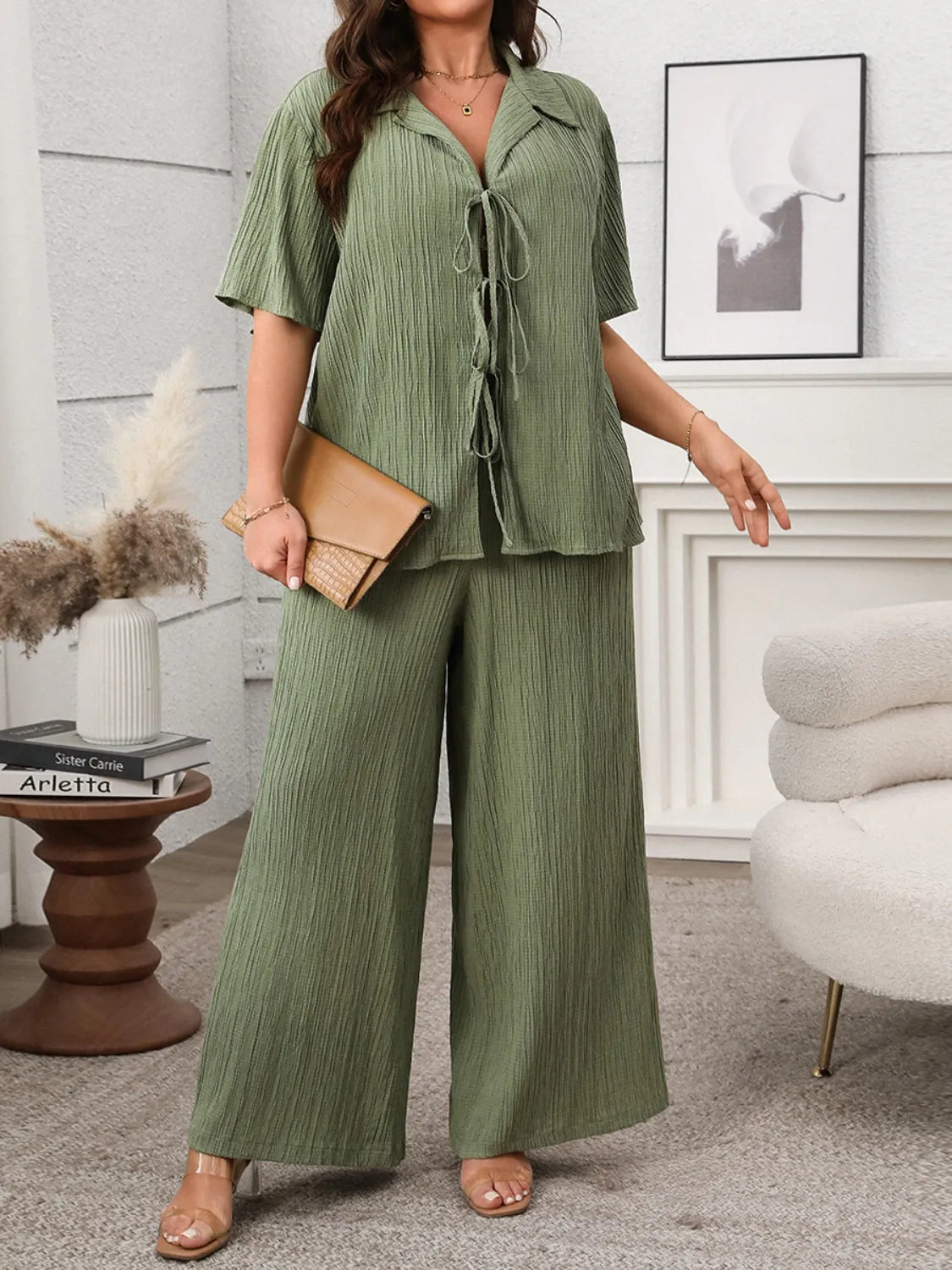 Plus Size Tie Front Short Sleeve Top and Pants Set Matcha Green