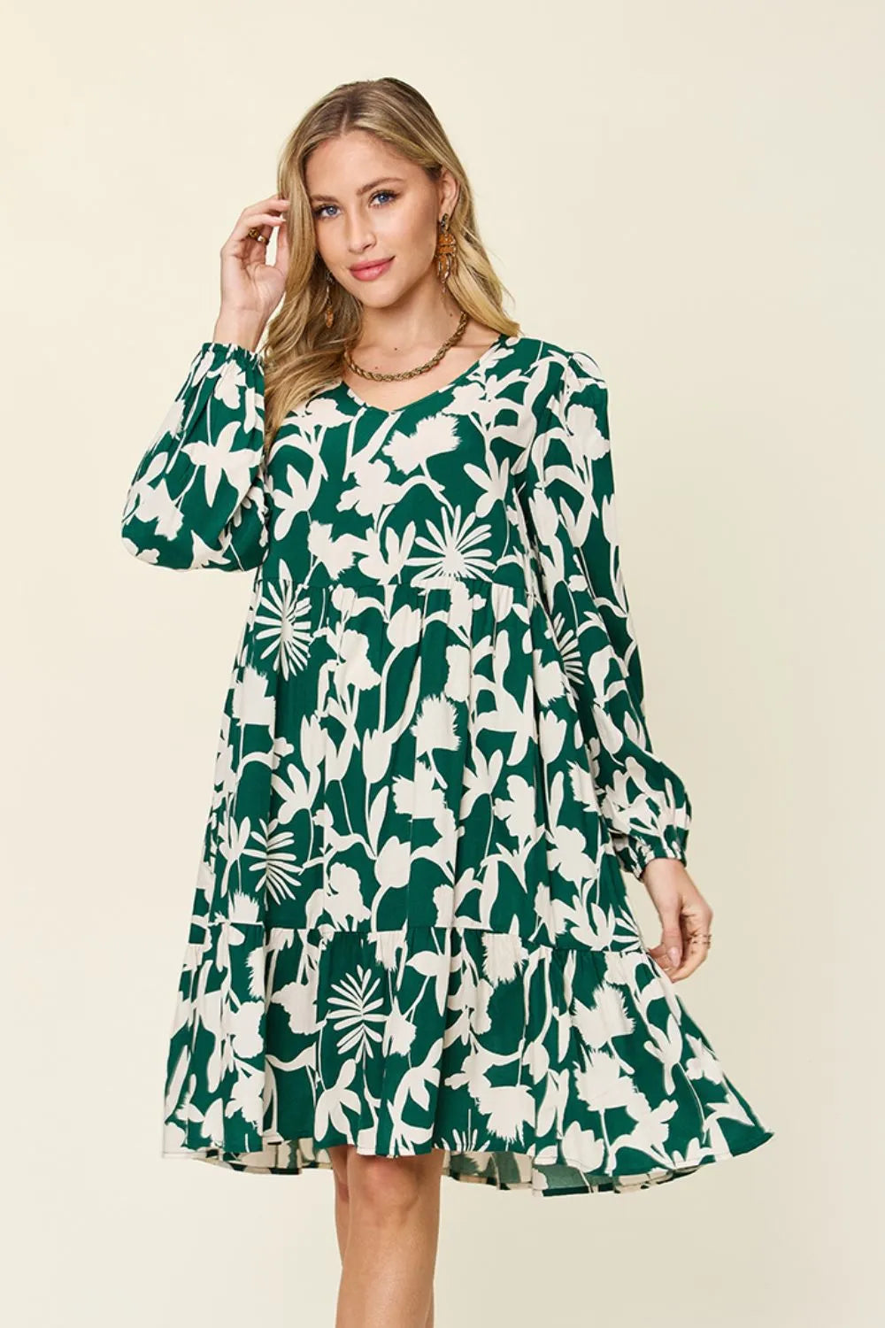 Double Take Full Size Printed Ruffle Hem Dress with Pocket Dark Green