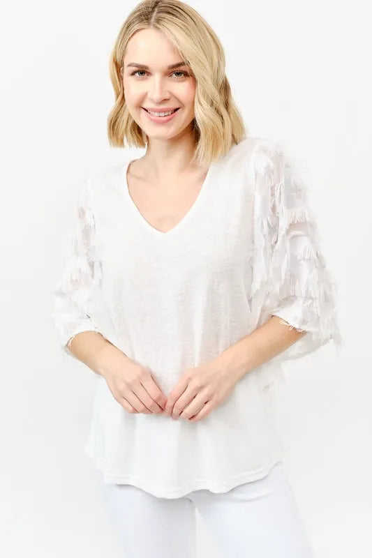 And The Why Feather Detailed 3/4 Sleeve Slub Top