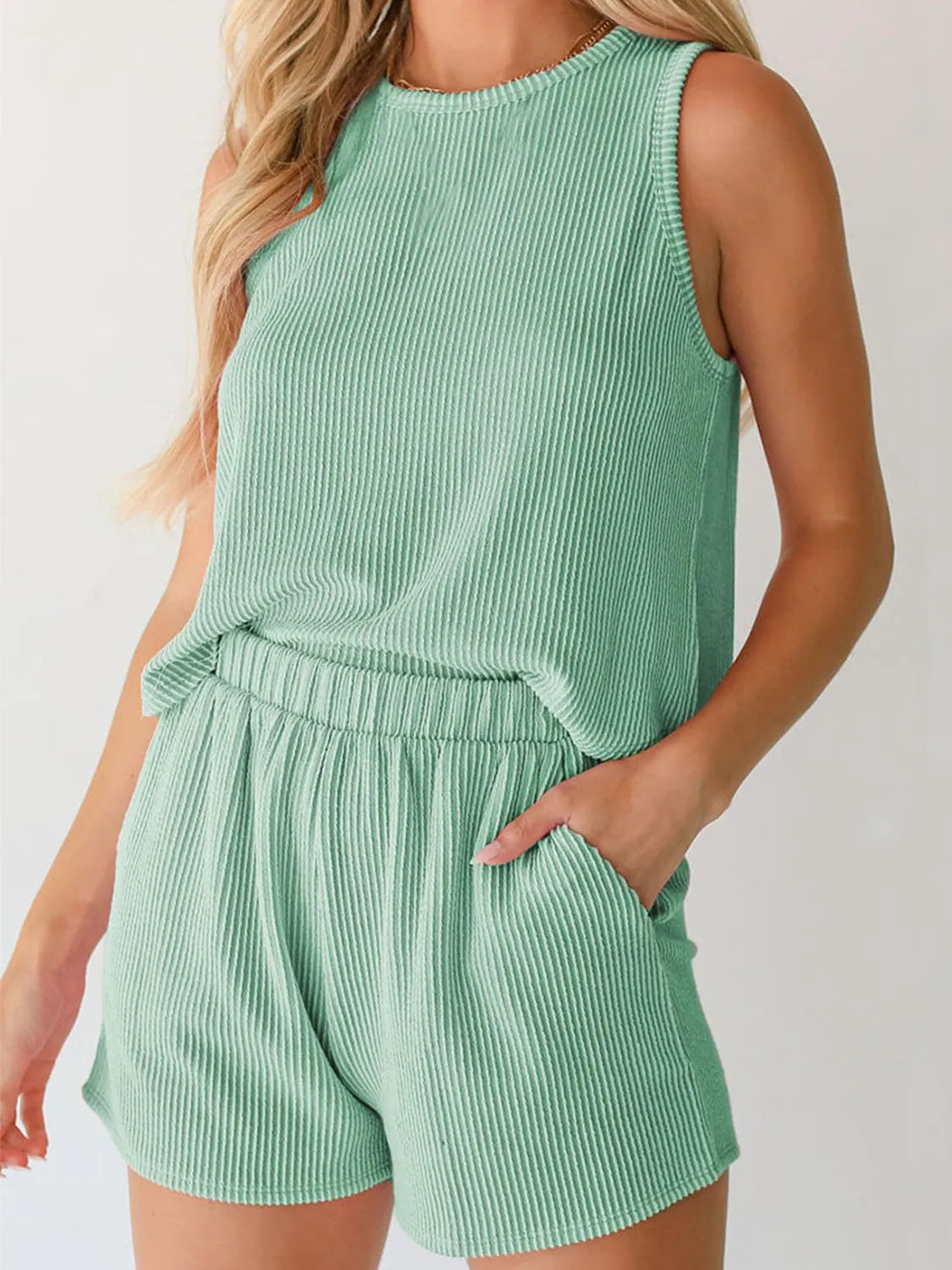 Round Neck Sleeveless Top and Shorts Set Gum Leaf