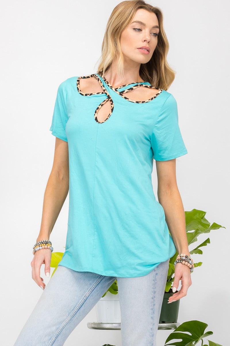 Celeste Full Size Crisscross Cutout Leopard Contrast Trim T-Shirt Mint