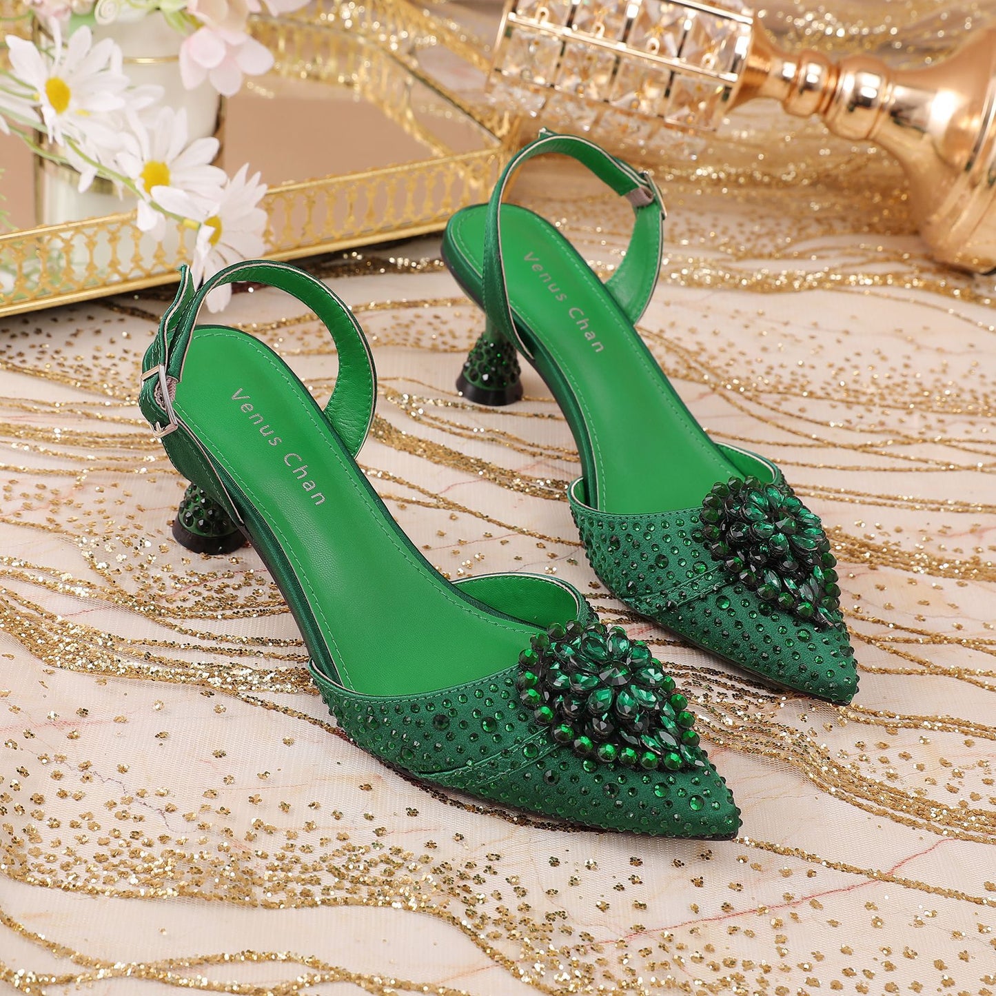 Rhinestone Point Toe Flare Heel Slingback Pumps