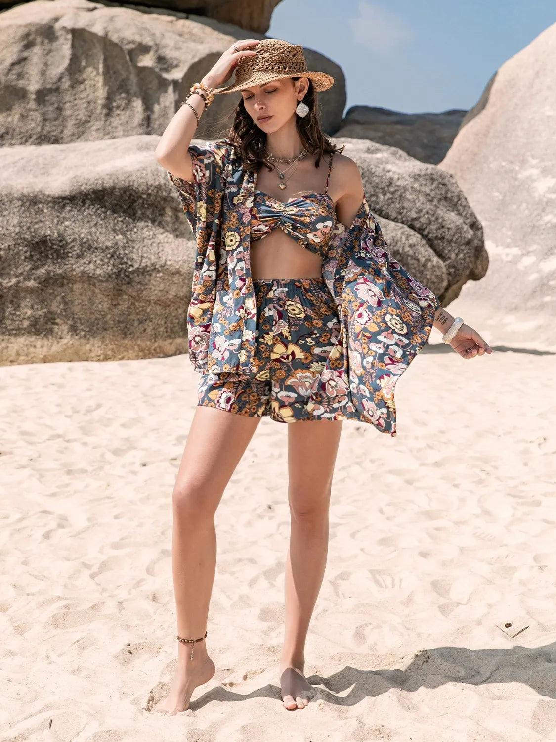 Printed Bra, Cover-Up and Shorts Set
