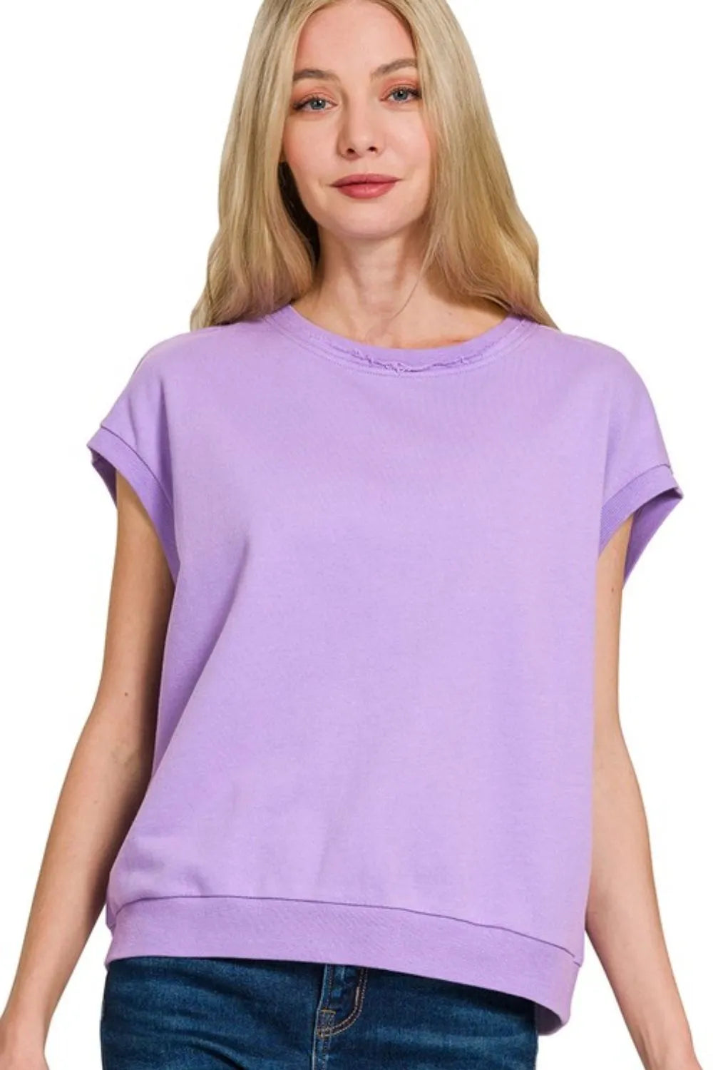 Zenana French Terry Round Neck Cap Sleeve T-Shirt LAVENDER