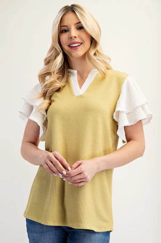Celeste Full Size Solid Color Top with Ruffle Layered Sleeves Plus Size
