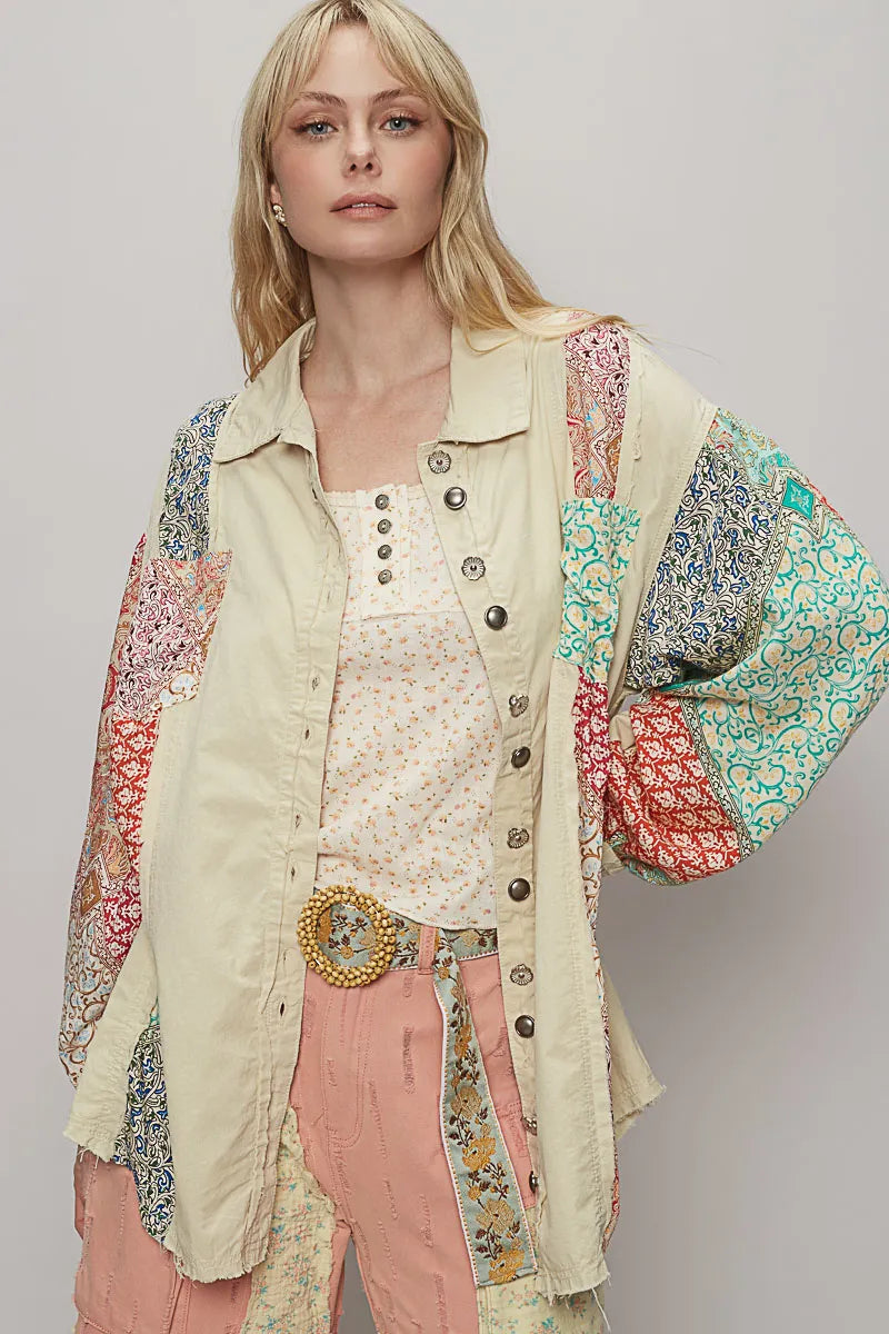 POL Printed Button Up Oversized Shirt Beige