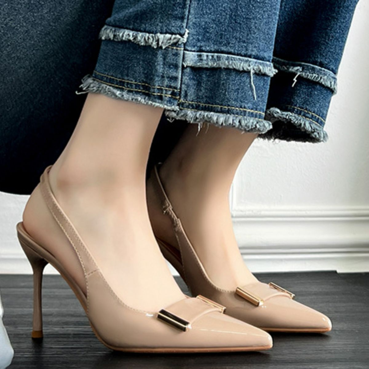 Point Toe Stiletto Slingback Pumps Apricot
