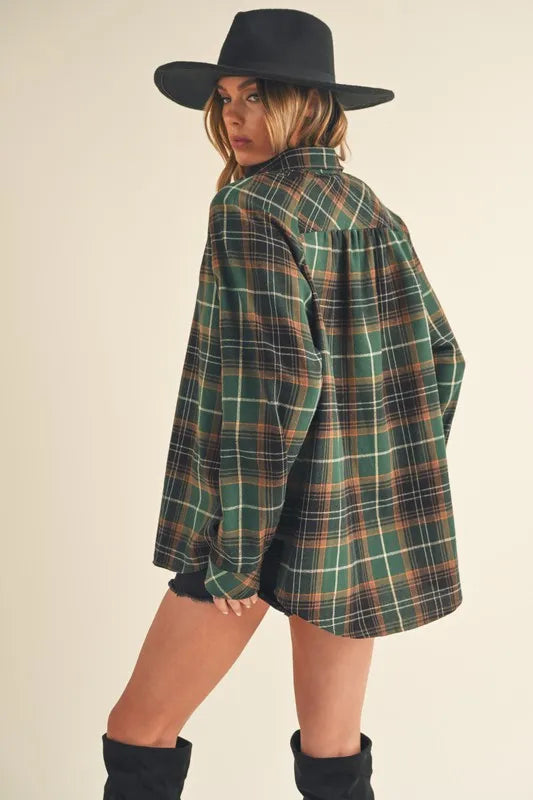 Aemi + Co Flannel Plaid Button Up Raglan Sleeve Shirt