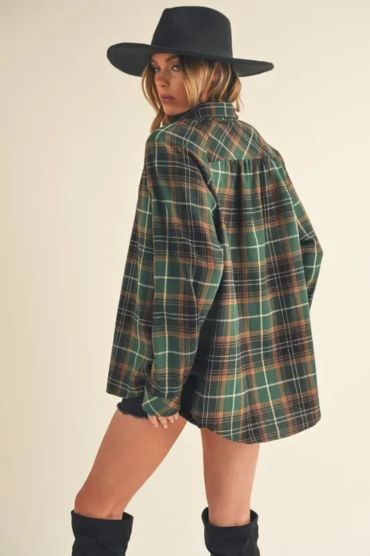 Aemi + Co Flannel Plaid Button Up Raglan Sleeve Shirt