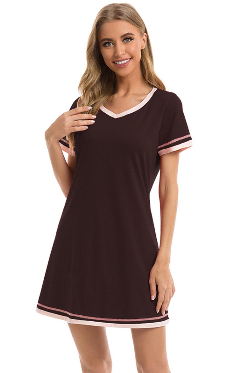 Contrast Trim Short Sleeve Lounge Dress Chocolate