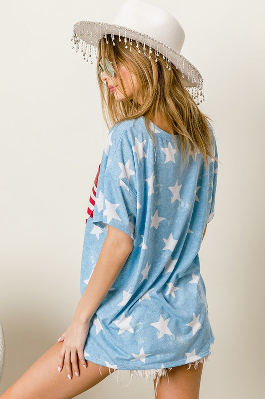 BiBi Star Print Sequin V-Neck Short Sleeve T-Shirt