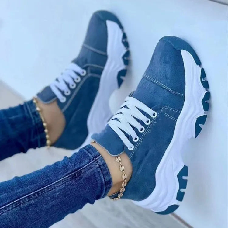 Lace-Up Round Neck Platform Sneakers Blue