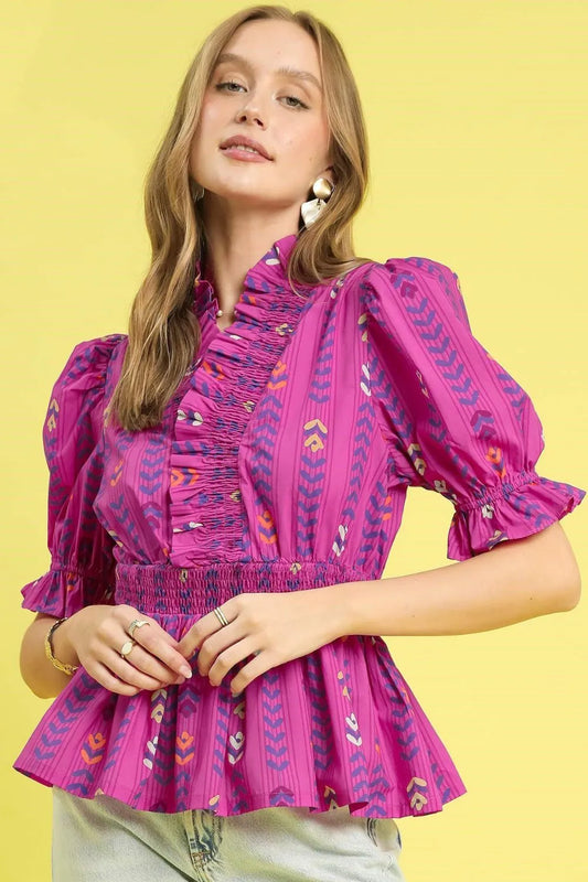 Umgee Printed Half Sleeve Peplum Blouse